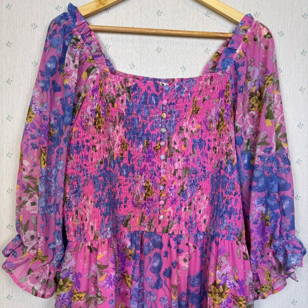 Ivy City Co Rowan Midi Dress 1X Pink Floral Smocked Tiered Cottagecore Vacation - Picture 3 of 12